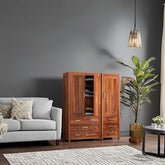 ONIJA Wooden 3 Door Wardrobe for Clothes with 8 Drawer 7 Shelf Storage & Hanging Space and 1 Locker - Sheesham Wood Almirah for Bedroom - HONEY FINISH